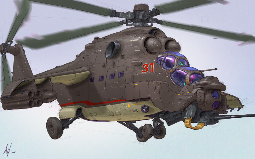 absurdres aircraft ammunition_belt attack_helicopter blue_sky clear_sky door flying gatling_gun helicopter highres mi-24 michal_kus military_vehicle missile_pod no_humans original rotor sky vehicle_focus wheel window