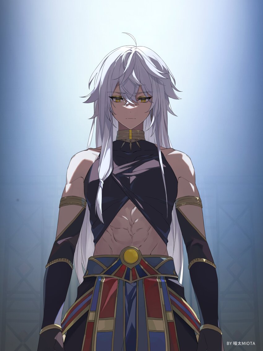 1boy abs absurdres ahoge arabian_clothes armlet arms_at_sides artist_name bare_shoulders between_breasts black_gloves black_pants black_shirt bracelet breasts closed_mouth collarbone commentary covered_collarbone cowboy_shot cropped_shirt crossed_bangs dark-skinned_male dark_skin darkcatowo elbow_gloves expressionless eyeshadow genshin_impact gloves gold_eyeshadow gold_trim hair_over_shoulder highres jewelry king_deshret_(genshin_impact) long_hair looking_at_viewer makeup male_focus navel neck_ring pants sash shirt sidelocks simple_background sleeveless sleeveless_shirt solo standing stomach watermark yellow_eyes