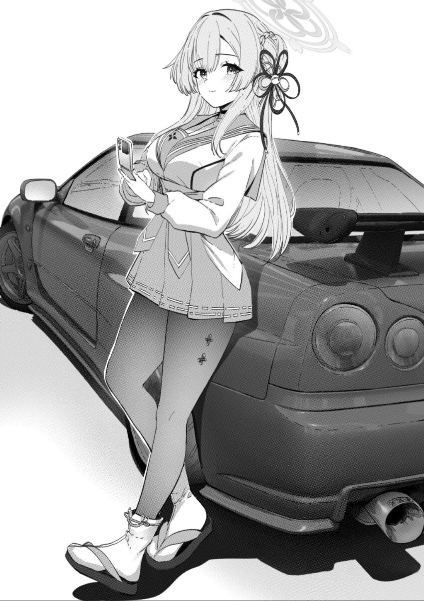 1girl against_vehicle blue_archive blush braid braided_bun breasts car closed_mouth full_body greyscale hair_bun hair_ornament halo highres holding holding_phone jun_project large_breasts long_hair long_sleeves looking_at_viewer mimori_(blue_archive) monochrome motor_vehicle nissan nissan_skyline nissan_skyline_r34 pantyhose phone sailor_collar single_side_bun skirt smile solo standing
