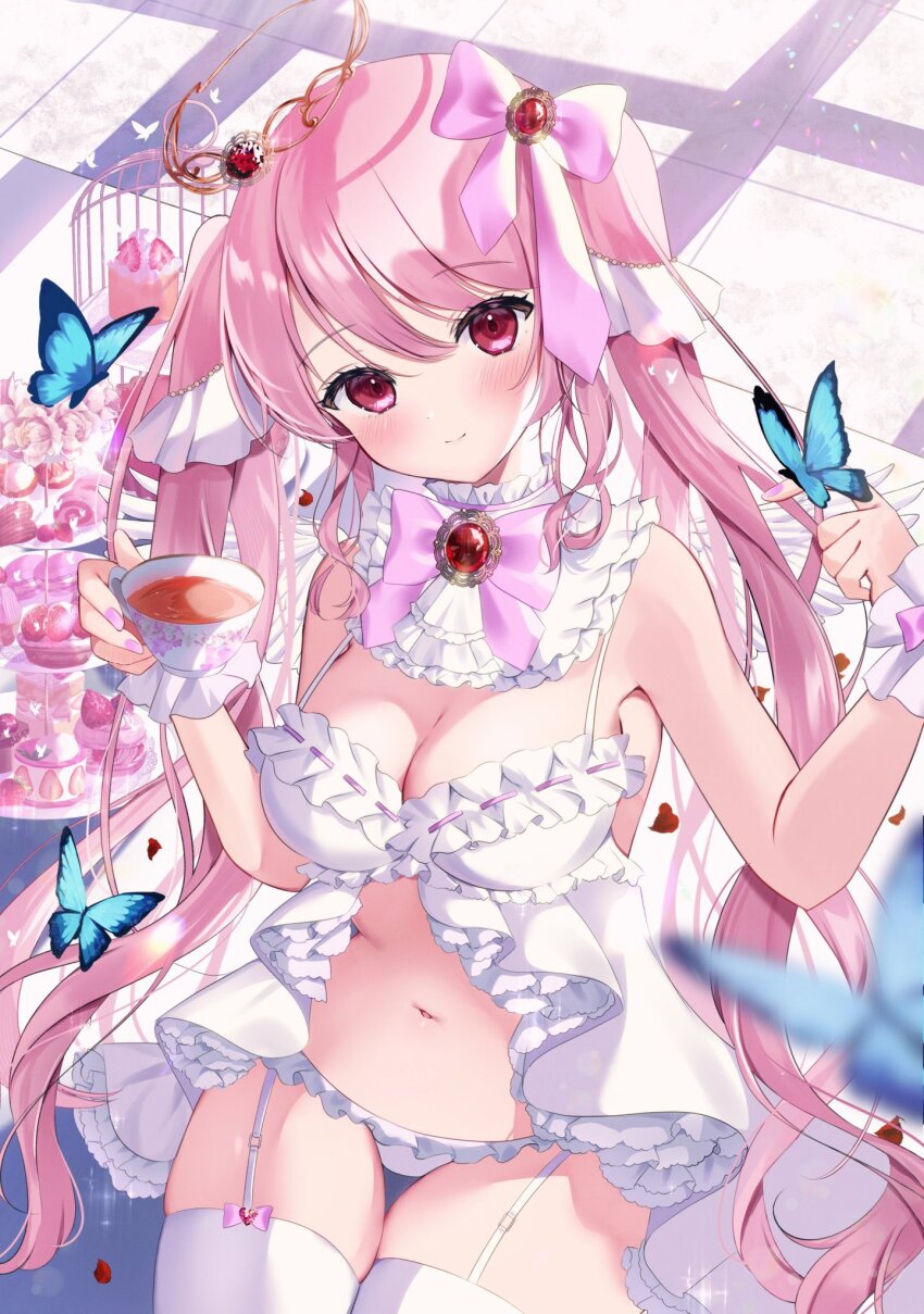 1girl armpits breasts brooch bug butterfly butterfly_on_hand cake cleavage cup detached_collar food frilled_panties frilled_shirt frills from_above highres holding holding_cup insect jewelry navel original panties pink_eyes pink_hair plate revealing_clothes scrunchie shirt sitting solo tea thighhighs tsukimiya_sara twintails underwear white_thighhighs wrist_scrunchie zettai_ryouiki