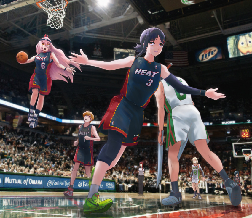 2boys 5girls absurdres american_flag arm_warmers audience ball basketball_(object) basketball_court basketball_hoop basketball_jersey black_hair blonde_hair brown_eyes chainsaw_man commentary cosplay crossover denji_(chainsaw_man) dwyane_wade english_commentary grin hair_ornament hairclip higashiyama_kobeni highres himeno_(chainsaw_man) holding holding_ball horns indoors jumping kanpaithighs katana katana_man_(chainsaw_man) knee_pads lebron_james long_hair looking_up makima_(chainsaw_man) meme miami_heat miller_lite milwaukee_bucks mole mole_under_mouth multiple_boys multiple_girls name_connection national_basketball_association nike_(company) number_print open_mouth outstretched_arms parted_lips people photo-referenced photo_background pink_hair playing_sports pochita_(chainsaw_man) ponytail power_(chainsaw_man) real_life red_eyes red_hair referee reflective_floor running sawatari_akane_(chainsaw_man) shoes short_hair short_ponytail single_arm_warmer single_knee_pad slam_dunk_(basketball) smile sneakers sportswear stadium sword weapon wristband