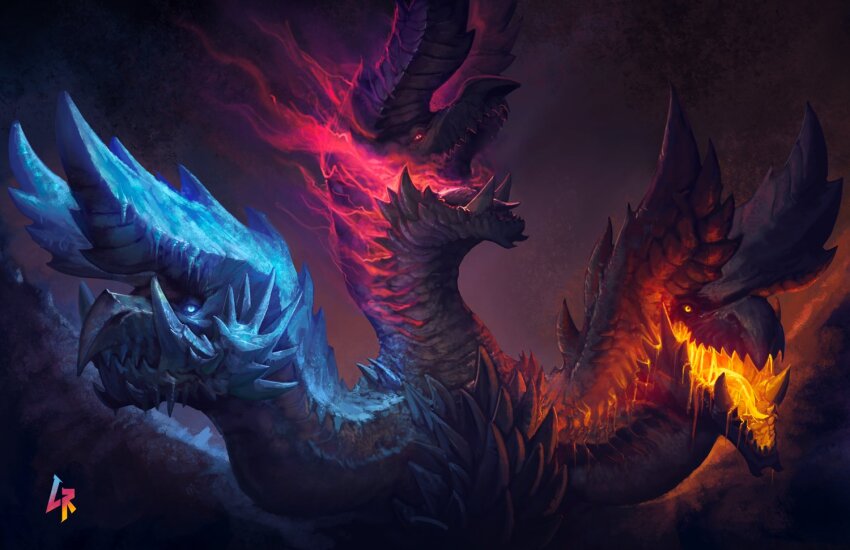 alatreon alternate_form blue_eyes breath_weapon breathing_fire chipyray close-up dragon dragon_horns fire horns ice large_horns monster monster_focus monster_hunter_(series) multiple_heads no_humans open_mouth orange_eyes red_eyes sharp_teeth spikes teeth tusks watermark wings