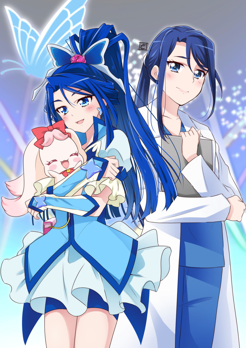 2girls absurdres artist_logo back_bow bike_shorts blouse blue_eyes blue_gloves blue_hair blue_pants blue_shirt blue_shorts blush bow bug butterfly butterfly_brooch butterfly_earrings butterfly_hair_ornament clipboard closed_mouth commentary_request cure_aqua doctor dual_persona earrings gloves glowing_butterfly hair_ornament hair_tie half_gloves highres holding holding_clipboard insect jewelry kibou_no_chikara_otona_precure_&#039;23 lab_coat logo long_hair looking_at_viewer magical_girl milk_(yes!_precure_5) minazuki_karen miniskirt multiple_girls open_mouth pants partial_commentary ponytail pouch precure puffy_short_sleeves puffy_sleeves shirt short_sleeves shorts shorts_under_skirt side-by-side signature skirt smile standing time_paradox white_skirt wide_ponytail yes!_precure_5 yes!_precure_5_gogo! zero-theme