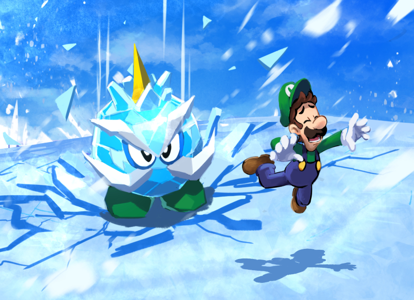 1boy 1other blue_overalls blue_sky boots boss_fight brown_footwear brown_hair chief_chilly closed_eyes day facial_hair gloves green_hat ground_shatter hat highres ice lower_teeth_only luigi male_focus mario_(series) mustache nintendo open_mouth outdoors overalls shadow short_hair sky super_mario_64_ds teeth white_gloves ya_mari_6363