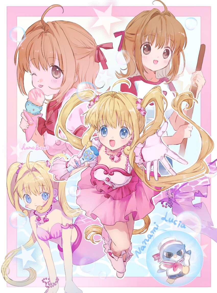 1girl ;p ahoge bird blue_eyes broom brown_eyes brown_hair commentary food gloves hano_luno highres hippo_(mermaid_melody_pichi_pichi_pitch) holding holding_microphone ice_cream jewelry long_hair mermaid mermaid_melody_pichi_pichi_pitch microphone monster_girl multiple_views nanami_lucia nanami_lucia_(idol) nanami_lucia_(mermaid) necklace one_eye_closed penguin pink_gloves pink_skirt school_uniform shell shell_necklace skirt tongue tongue_out twintails very_long_hair
