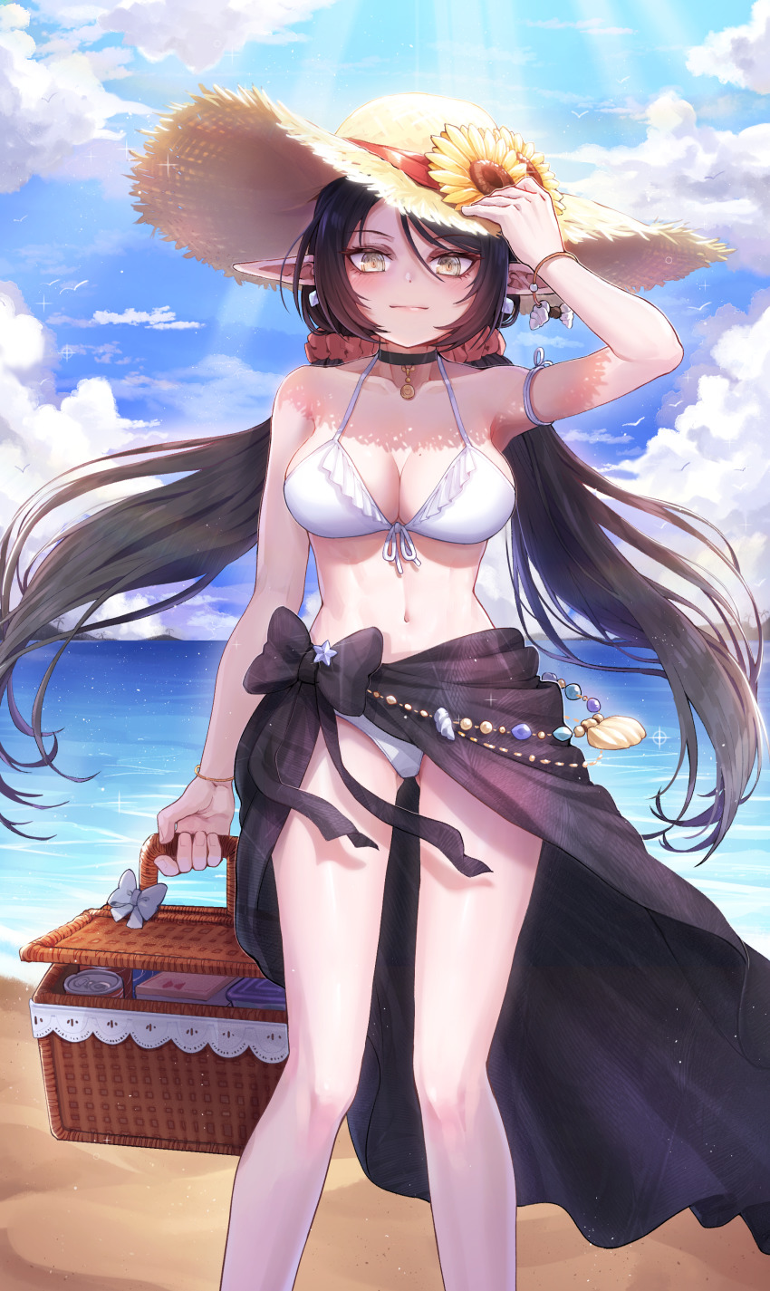 1girl absurdres adele_(maplestory) alternate_costume arm_at_side arm_up bare_shoulders basket beach bikini black_hair bracelet breasts choker cleavage closed_mouth cloud collarbone diffraction_spikes feet_out_of_frame flower hair_ornament hair_scrunchie hand_on_headwear hat hat_flower highres holding holding_basket jewelry kokukyukeo lips long_hair maplestory mole mole_on_breast navel ocean outdoors picnic_basket pointy_ears sand sarong scrunchie smile standing straw_hat sunflower sunlight swimsuit twintails water white_bikini yellow_eyes