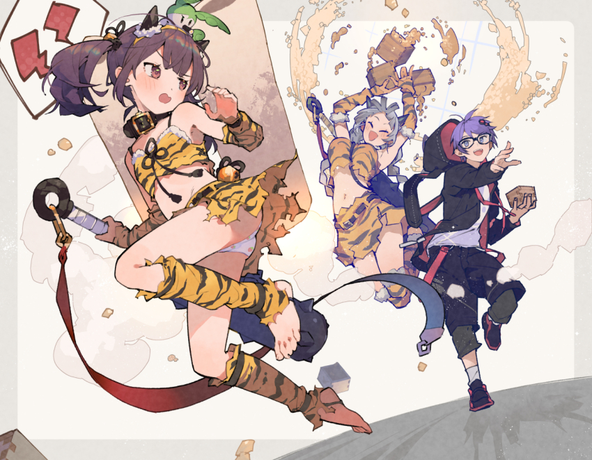 1boy 2girls alternate_costume animal_hood animal_print arms_up beans belt black_belt black_collar black_hoodie black_pants braid brown_hair camisole chasing closed_eyes club club_(weapon) collar creature creature_on_head crop_top detached_sleeves elbow_gloves fake_horns food_print fruit_print glasses gloves hair_ornament hairband holding holding_club holding_weapon hood hood_down hoodie horns jumping kizuna_akari leg_warmers long_sleeves looking_at_another looking_back low_twin_braids mamemaki masu midair midriff multiple_girls navel open_clothes open_hoodie open_mouth orange_camisole orange_skirt orange_sleeves panties pants pantyshot print_camisole print_gloves print_panties print_skirt print_sleeves rabbit_hood red_hoodie running setsubun shirinda_fureiru shirt shoes short_hair shout_lines skirt smile sneakers soybean spiked_club strawberry_panties strawberry_print throwing tiger_print touhoku_kiritan twin_braids twintails two-tone_hoodie underwear vocaloid voiceroid weapon white_panties white_shirt yuzuki_yukari&#039;s_younger_twin_brother zundamon zundamon_(utau)