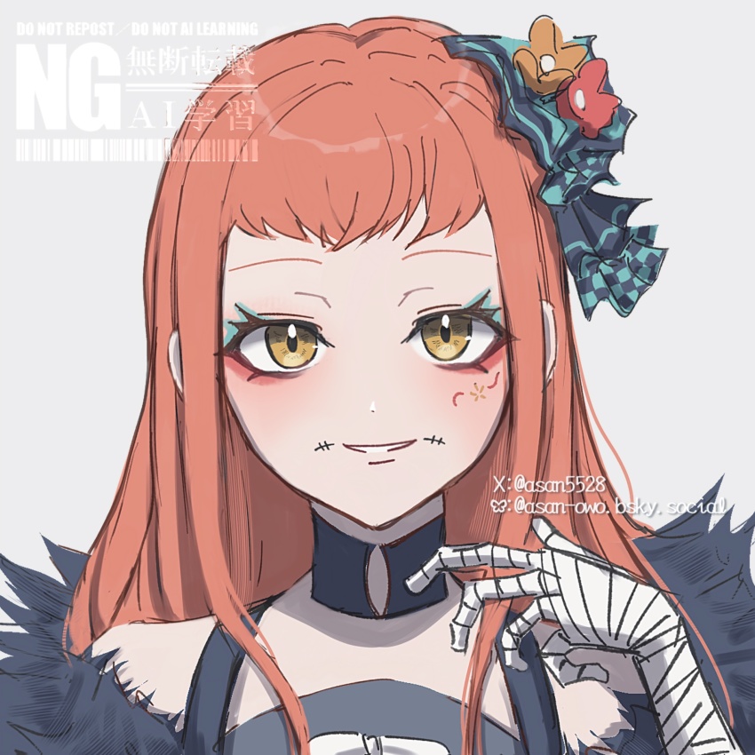 1girl aqua_eyeshadow asan5528 bandaged_arm bandaged_hand bandages black_dress dress eyeliner eyeshadow facial_mark fire_emblem fire_emblem_engage fur_sleeves highres long_hair looking_at_viewer makeup nintendo orange_hair panette_(fire_emblem) red_eyeliner short_bangs stitched_mouth stitches yellow_eyes