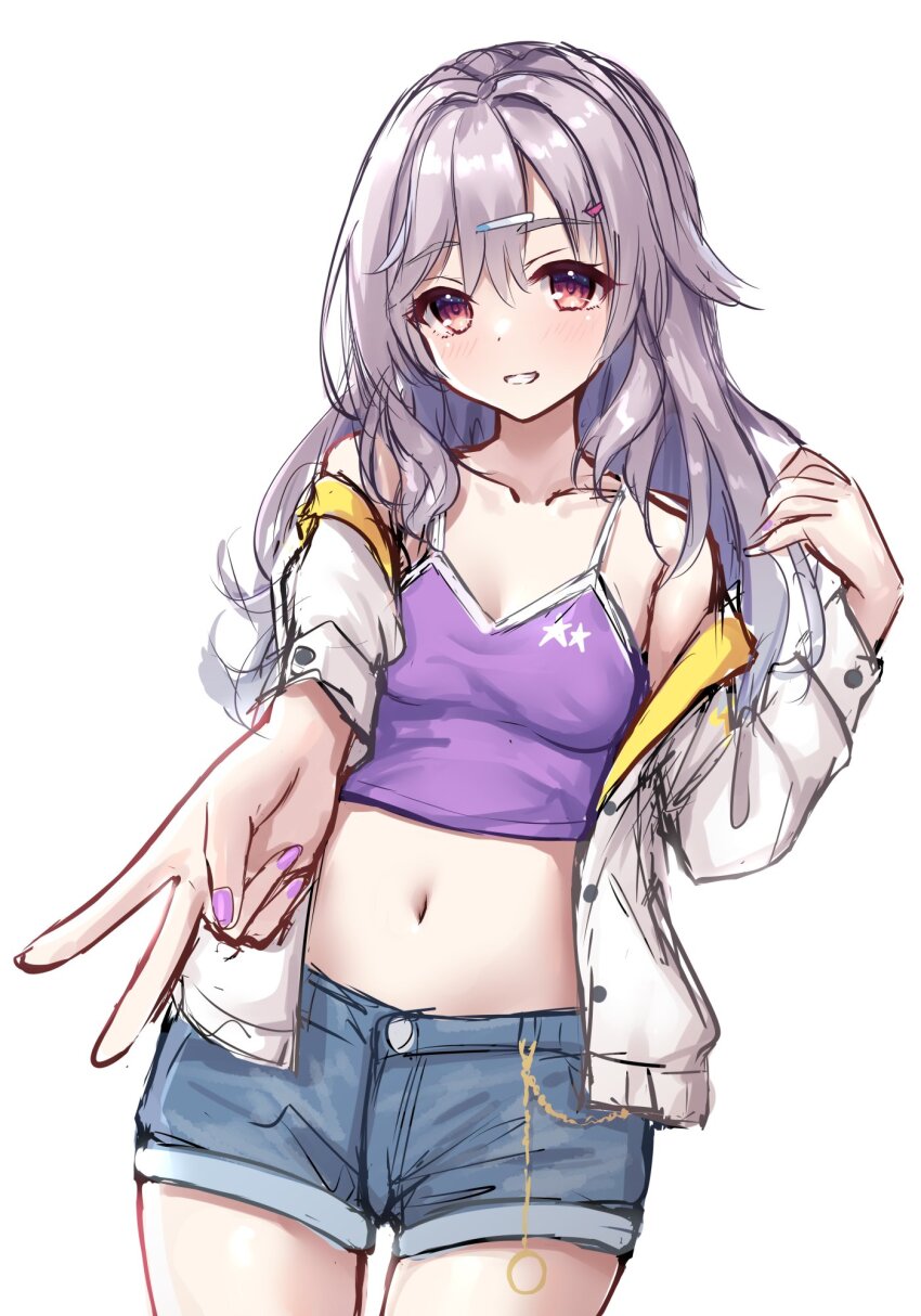 1girl bare_shoulders blush collarbone commentary cowboy_shot denim denim_shorts foreshortening grey_hair grin hair_between_eyes hair_ornament hairclip hand_up head_tilt highres kinoshita_kaede long_hair looking_at_viewer nail_polish navel ncontrail_(mgax7527) off_shoulder outstretched_arm purple_nails purple_shirt red_eyes shirt shorts sidelocks simple_background sketch smile solo standing star_(symbol) star_print stomach tenshi_souzou_re-boot! thick_eyebrows v wavy_hair white_background