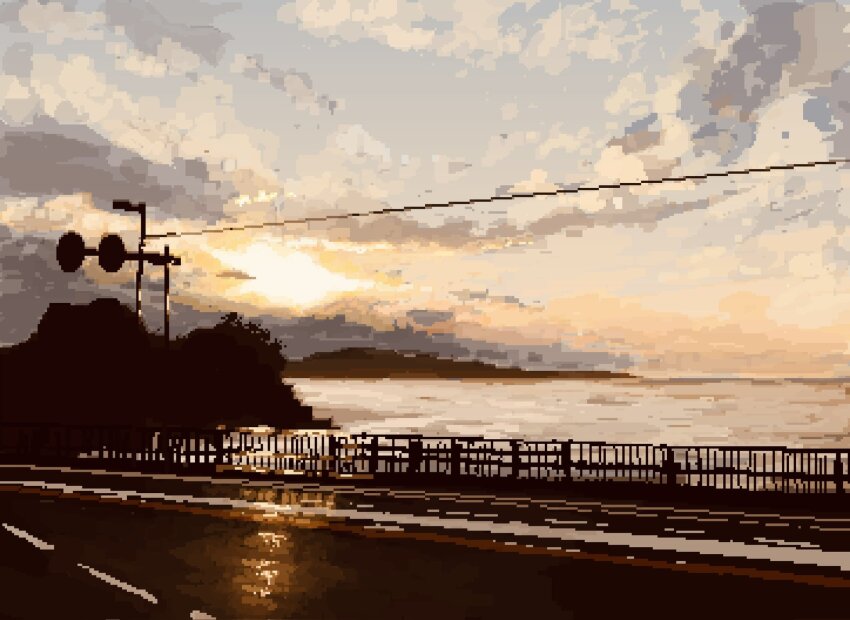 atmospheric_perspective cable highres hisachan55cute horizon mountainous_horizon no_humans ocean original pixel_art railing reflection reflective_water road rock scenery silhouette sunrise tree