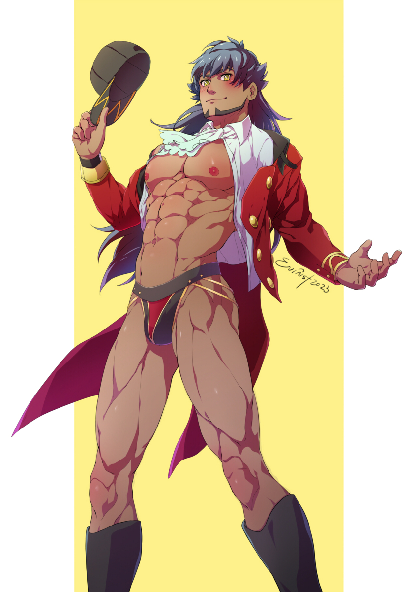 1boy abs artist_name ascot bara bare_pectorals baseball_cap beard commentary dark-skinned_male dark_skin english_commentary evinist facial_hair hat highres holding holding_unworn_clothes holding_unworn_hat jockstrap large_pectorals leon_(pokemon) long_hair looking_at_viewer male_focus male_underwear muscular muscular_male navel nintendo nipples open_clothes pectorals pokemon pokemon_swsh purple_hair solo thighs underwear unworn_hat unworn_headwear variant_set white_ascot yellow_eyes