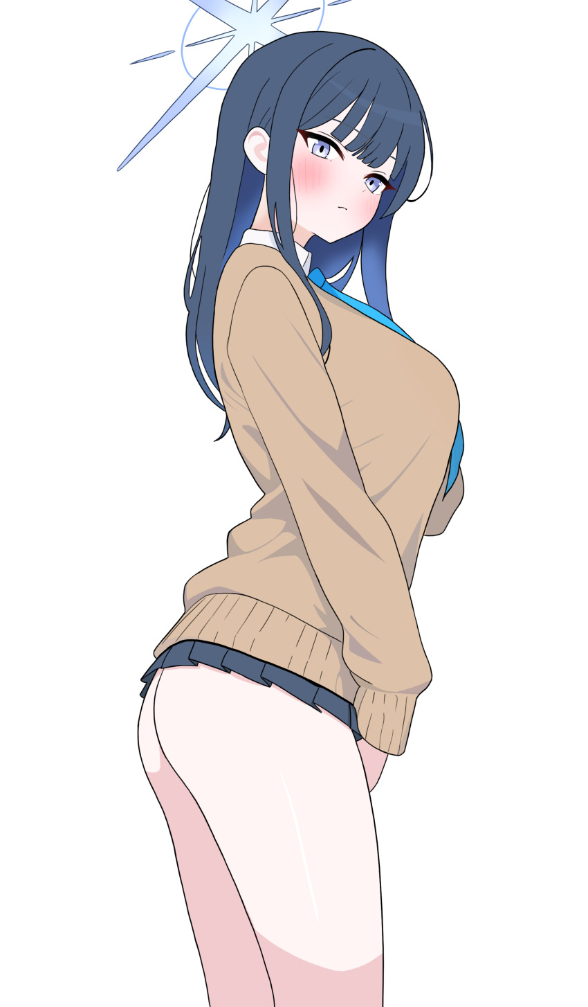 1girl :/ absurdres alternate_costume ass black_hair black_skirt blue_archive blue_hair blue_necktie blush breasts brown_cardigan cardigan commentary english_commentary halo highres large_breasts long_hair long_sleeves looking_at_viewer microskirt necktie no_panties pleated_skirt saori_(blue_archive) school_uniform simple_background skirt solo straight_hair thejx_063 white_background