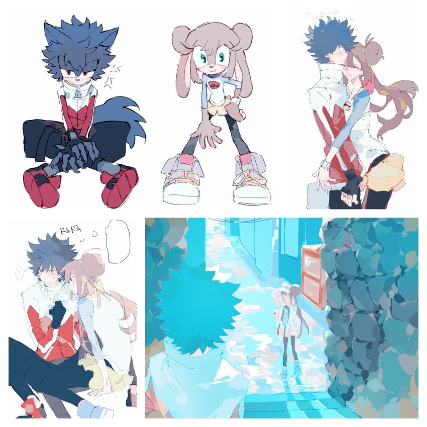 1boy 1girl annoyed blue_eyes blue_hair blue_pants blue_shoes blue_sleeves brown_hair building ciuchviicuq closed_mouth double_bun from_behind furrification furry furry_female furry_male gloves hair_bun highres hug hugh_(pokemon) long_hair looking_at_another looking_back multicolored_shirt nintendo pants pokemon pokemon_bw2 raglan_sleeves red_shoes rosa_(pokemon) shirt shoes short_hair shorts sitting smile sonic_(series) standing teeth visor_cap white_shirt yellow_shorts