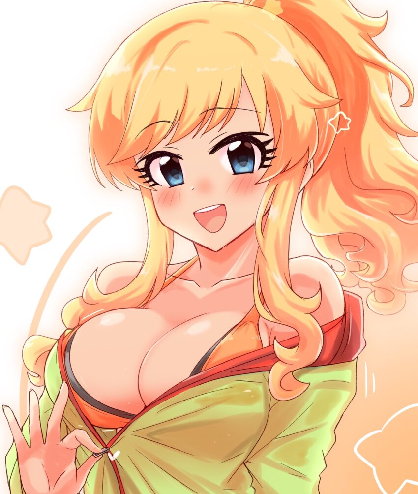 1girl bikini blonde_hair blue_eyes blush breasts collarbone commentary_request green_jacket heart highres idolmaster idolmaster_cinderella_girls jacket jacket_partially_removed large_breasts long_hair looking_at_viewer ohtsuki_yui orange_bikini ponytail sidelocks smile solo star_(symbol) swimsuit teeth tong_(freedom2000) two-sided_fabric two-sided_jacket upper_body upper_teeth_only very_long_hair