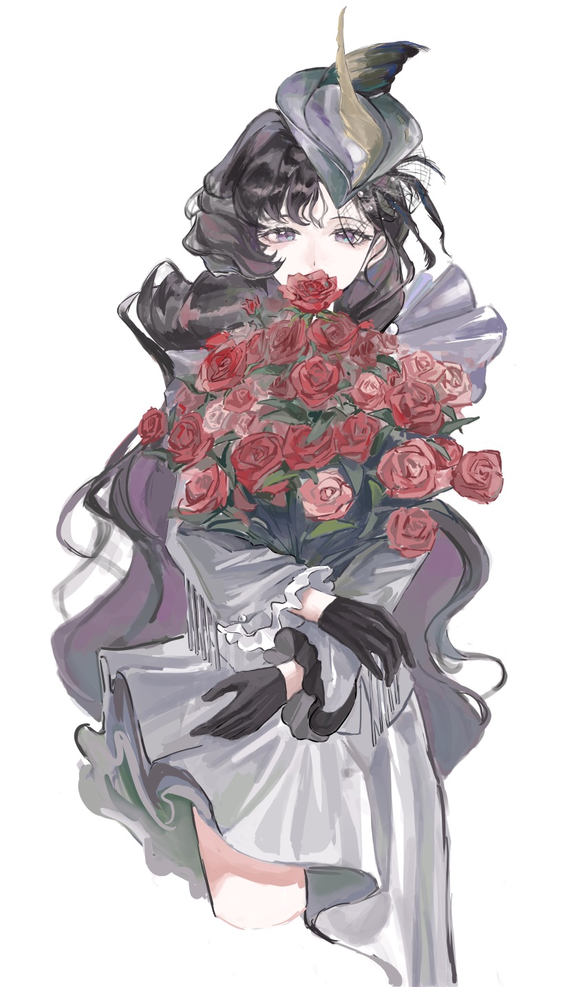 1girl absurdres black_gloves black_hair bouquet covered_mouth cowboy_shot cropped_legs flower flower_over_mouth gloves grey_hat grey_jacket grey_skirt hat highres holding holding_bouquet isolde_(and_all_that_jazz)_(reverse:1999) isolde_(reverse:1999) jacket long_hair looking_at_viewer official_alternate_costume purple_eyes red_flower red_rose reverse:1999 rose skirt solo very_long_hair wavy_hair white_background wowowoo