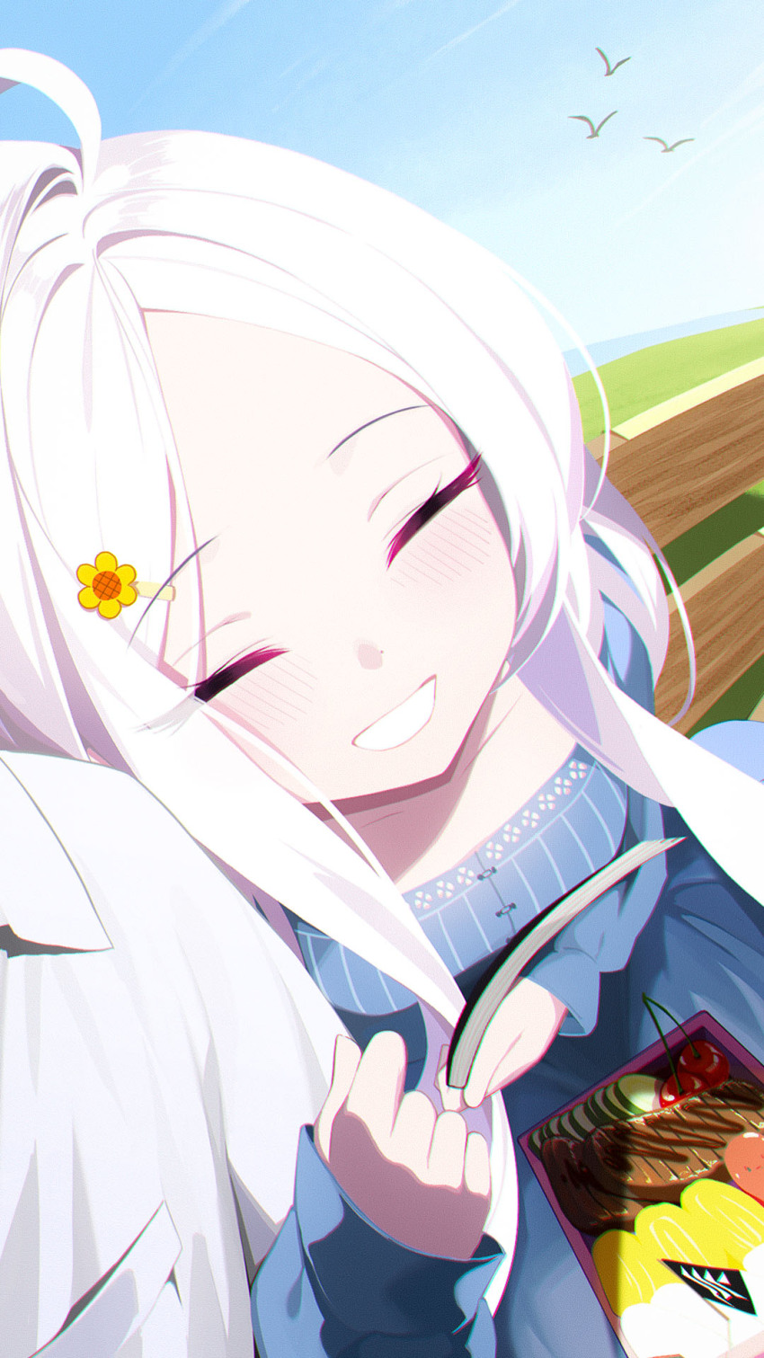 1girl 1other ahoge alternate_costume arm_hug bento blue_archive blue_dress book closed_eyes dress flower forehead grin hair_flower hair_ornament highres hina_(blue_archive) holding holding_book long_hair on_bench parted_bangs shirt sidelocks sitting smile white_hair white_shirt wo_chi_xiangjiao_pi yellow_flower
