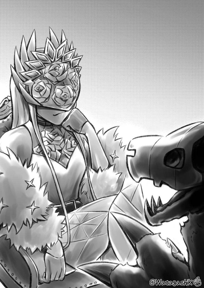 absurdres belt cendrillmon claws darklizamon digimon digimon_(creature) digimon_liberator fire flower highres mask sharp_teeth sitting sparkle teeth watagashikn