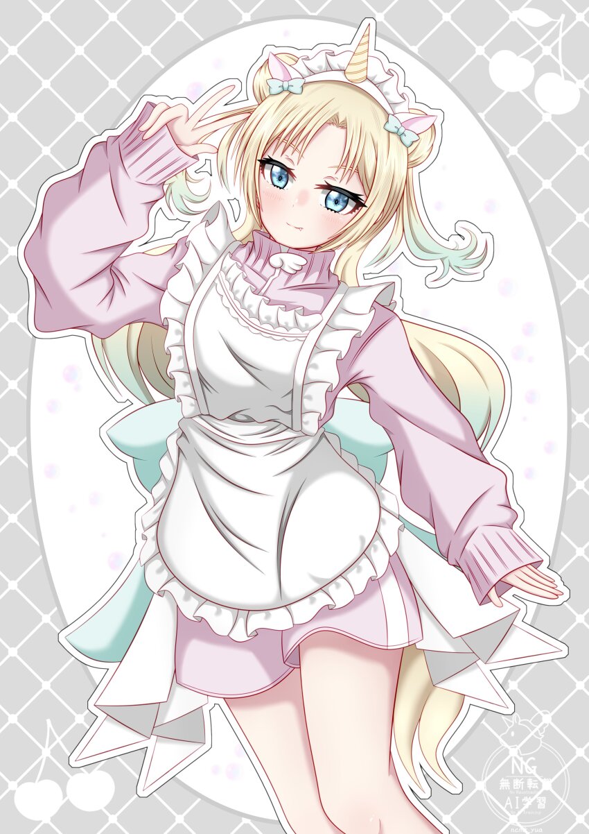 &gt;:) 1girl absurdres alternate_costume animal_ear_hairband animal_ears apron blonde_hair blue_eyes blue_hair border cherry closed_mouth commentary fake_animal_ears fang fang_out feet_out_of_frame food frilled_apron frills fruit gradient_hair grey_border hairband highres horn_hairband horns horse_ears jacket jersey_maid link!_like!_love_live! long_hair long_sleeves love_live! maid maid_apron maid_headdress multicolored_hair osawa_rurino oval_image pinching_sleeves pink_jacket pink_shorts short_shorts shorts single_horn sleeves_past_wrists solo split_mouth toniko_(ncmk_yua) track_jacket twintails unconventional_maid unicorn_horn v-shaped_eyebrows virtual_youtuber w watermark white_apron white_background