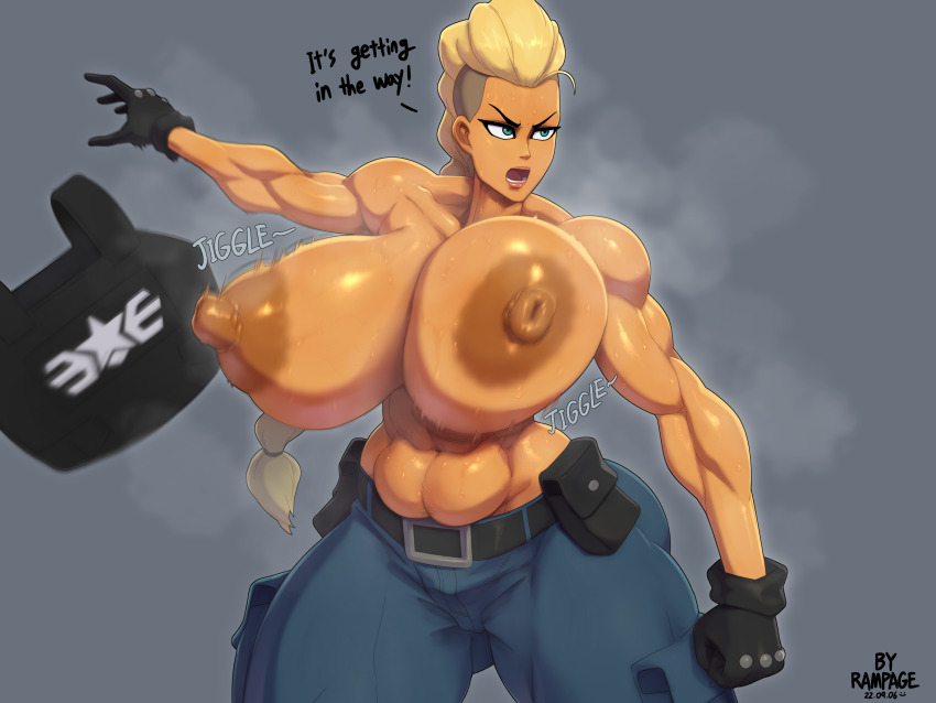 1girl absurdres belt blonde_hair blue_eyes braid breasts curvy denim estel_aguirre fighting_stance gigantic_breasts gloves gluteal_fold highres huge_breasts huge_nipples jeans jiggle large_areolae lips long_hair muscular muscular_female navel open_mouth pants puffy_areolae puffy_nipples rampage_(leedash2) simple_background solo standing steam streets_of_rage streets_of_rage_4 sweat thick_thighs thighs topless_female wide_hips