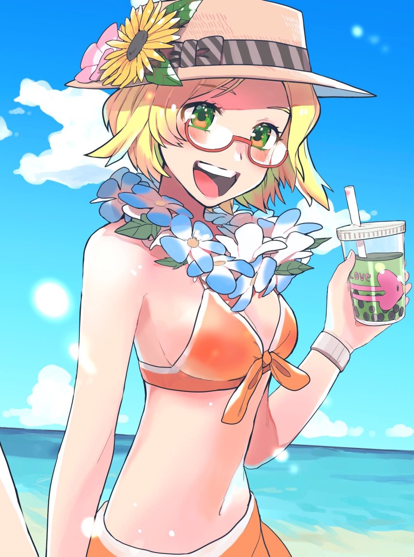 1girl alternate_costume beach bianca_(pokemon) blonde_hair blue_sky blush breasts cloud cup disposable_cup flower flower_necklace gen_3_pokemon glasses green_eyes hat highres holding_hands jewelry lei looking_at_viewer luvdisc medium_breasts nashubi_(to_infinity_wow) navel necklace nintendo open_mouth pokemon pokemon_bw2 sand sarong sky smile solo wristband