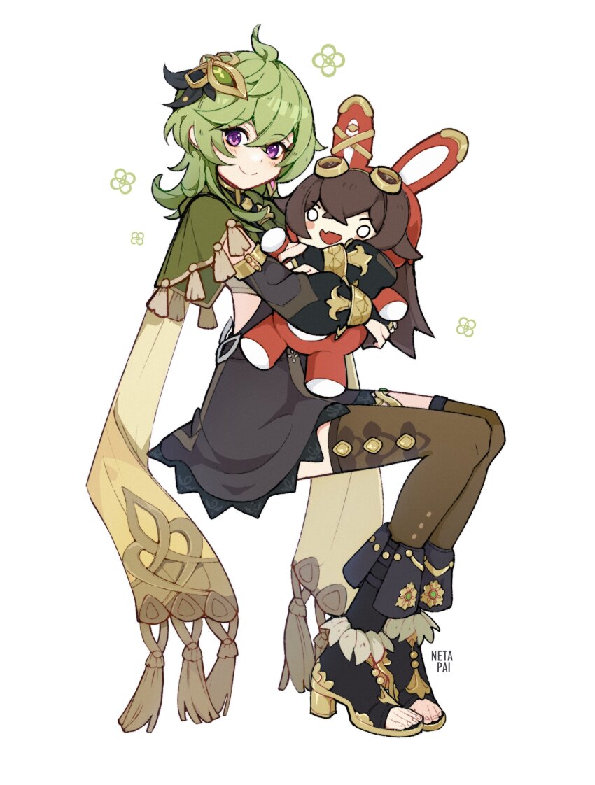 1girl absurdres ahoge artist_name baron_bunny_(genshin_impact) black_dress brown_thighhighs cape clothing_cutout collei_(genshin_impact) crossed_bangs dress full-body_tattoo fur-trimmed_footwear fur_trim genshin_impact green_cape green_hair hair_between_eyes high_heels highres holding hugging_object invisible_chair medium_hair netapai1 purple_eyes short_dress sitting smile solo split_mouth stuffed_toy tassel tattoo thighhighs toeless_footwear two-handed