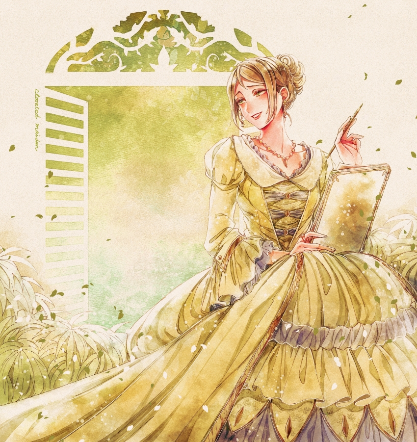 1girl absurdres alternate_costume blue_eyes brown_hair bush dress earrings gloves hair_bun highres jane_porter jewelry leaf long_hair looking_at_viewer makeup mizala pen simple_background smile tarzan yellow_dress
