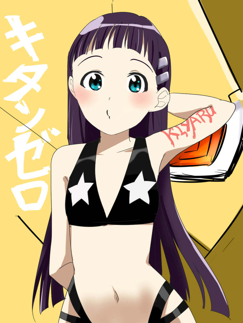 1girl aya_(ayam05) bikini blue_eyes blush character_name hair_ornament highres king_kittan kiyal_bachika long_hair looking_at_viewer mecha navel o3o purple_hair robot solo star_(symbol) swimsuit tengen_toppa_gurren_lagann