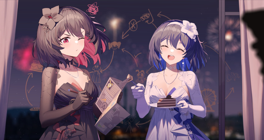 2girls :d absurdres black_dress black_flower black_gloves blue_hair blurry blurry_background bob_cut breasts cake cake_slice cleavage closed_eyes closed_mouth dress dual_persona fireworks fled flower food fork gloves hair_flower hair_ornament headband highres holding holding_fork holding_pen holding_plate honkai_(series) honkai_impact_3rd multiple_girls night night_sky one_eye_closed open_mouth pen plate red_eyes red_hair seele_(alter_ego) seele_vollerei short_hair sky smile white_dress white_flower white_gloves