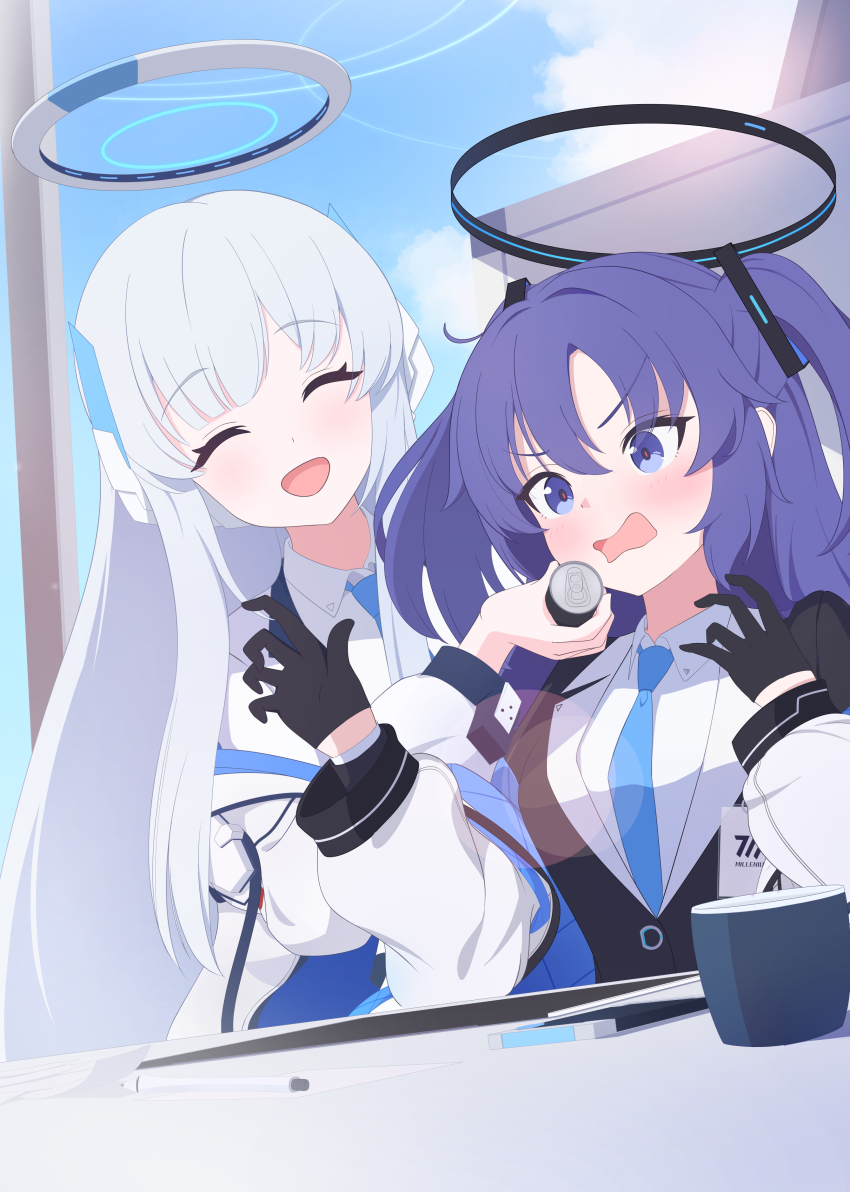 2girls absurdres black_gloves black_jacket blue_archive blue_necktie calculator can cloud cup day drink_can fortysansan gloves hair_ornament halo headphones highres holding holding_can jacket long_hair mechanical_halo multiple_girls necktie noa_(blue_archive) pen purple_eyes purple_hair shirt sky table twintails very_long_hair white_hair white_jacket white_shirt yuuka_(blue_archive)
