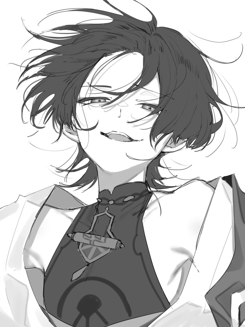 1boy armpit_crease armpits bare_shoulders blunt_ends bodysuit buku2_suisou collarbone disheveled genshin_impact hair_between_eyes highres japanese_clothes kimono looking_at_viewer loose_hair_strand male_focus mandarin_collar monochrome open_clothes open_kimono open_mouth scaramouche_(genshin_impact) solo squinting swept_bangs teeth upper_body upper_teeth_only wanderer_(genshin_impact) white_background