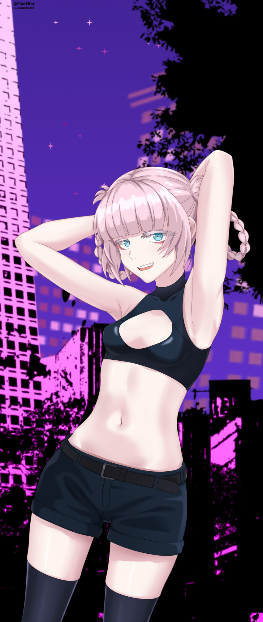 1girl absurdres armpits arms_behind_head artist_name bare_arms black_shorts black_thighhighs blue_eyes blunt_bangs braid braided_hair_rings breasts cleavage_cutout clothing_cutout commentary_request cowboy_shot crop_top finn_flint hair_rings highres looking_at_viewer midriff nanakusa_nazuna_(yofukashi_no_uta) navel open_mouth pink_hair purple_background ringed_eyes short_shorts shorts sleeveless small_breasts smile solo stomach teeth thighhighs twitter_username upper_teeth_only yofukashi_no_uta