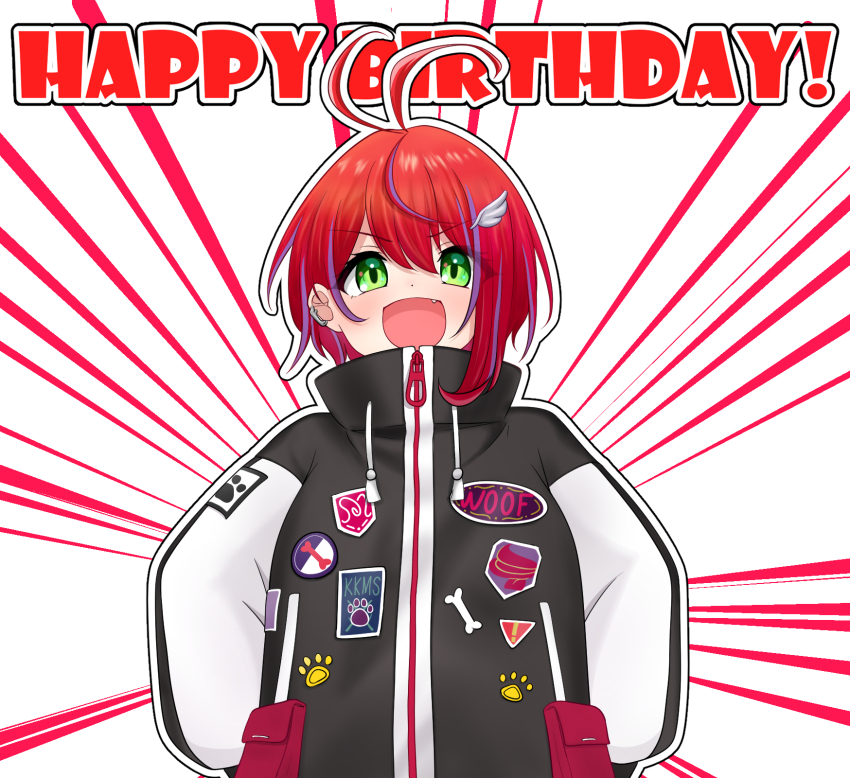 1girl :d akane_canna akane_canna_(2nd_costume) antenna_hair black_coat blush bone coat commentary_request cuore_0624 earclip fang green_eyes hair_between_eyes happy_birthday highres lapel_pin long_sleeves looking_at_viewer multicolored_coat multicolored_hair nanashi_inc. official_alternate_costume open_mouth oversized_clothes patch paw_print purple_hair red_hair short_hair smile solo streaked_hair two-tone_coat two-tone_hair upper_body virtual_youtuber white_background white_coat