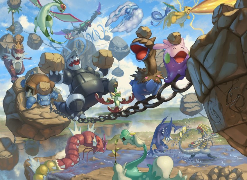 aggron alolan_exeggutor alolan_form altaria blastoise chain claws cloud commentary_request day deino_(pokemon) dragonair dragonite drampa flapple floating_rock flygon garchomp gen_1_pokemon gen_3_pokemon gen_4_pokemon gen_5_pokemon gen_6_pokemon gen_7_pokemon gen_8_pokemon goomy gyarados highres kommo-o nintendo no_humans noivern open_mouth outdoors pokemon pokemon_(creature) rock sky spareribs splashing tyrantrum water