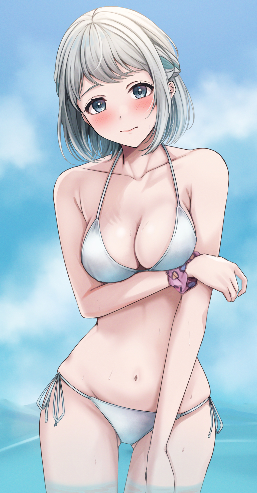 1girl absurdres arm_under_breasts bikini blue_ribbon blush braid breasts cleavage collarbone gakuen_idolmaster gluteal_fold grey_hair hair_ribbon half_up_braid halterneck highres idolmaster katsuragi_lilja looking_at_viewer medium_breasts navel outdoors ribbon ribbon_braid scrunchie short_hair side-tie_bikini_bottom solo stomach string_bikini swimsuit white_bikini wrist_scrunchie yuzuyu_(hyui)
