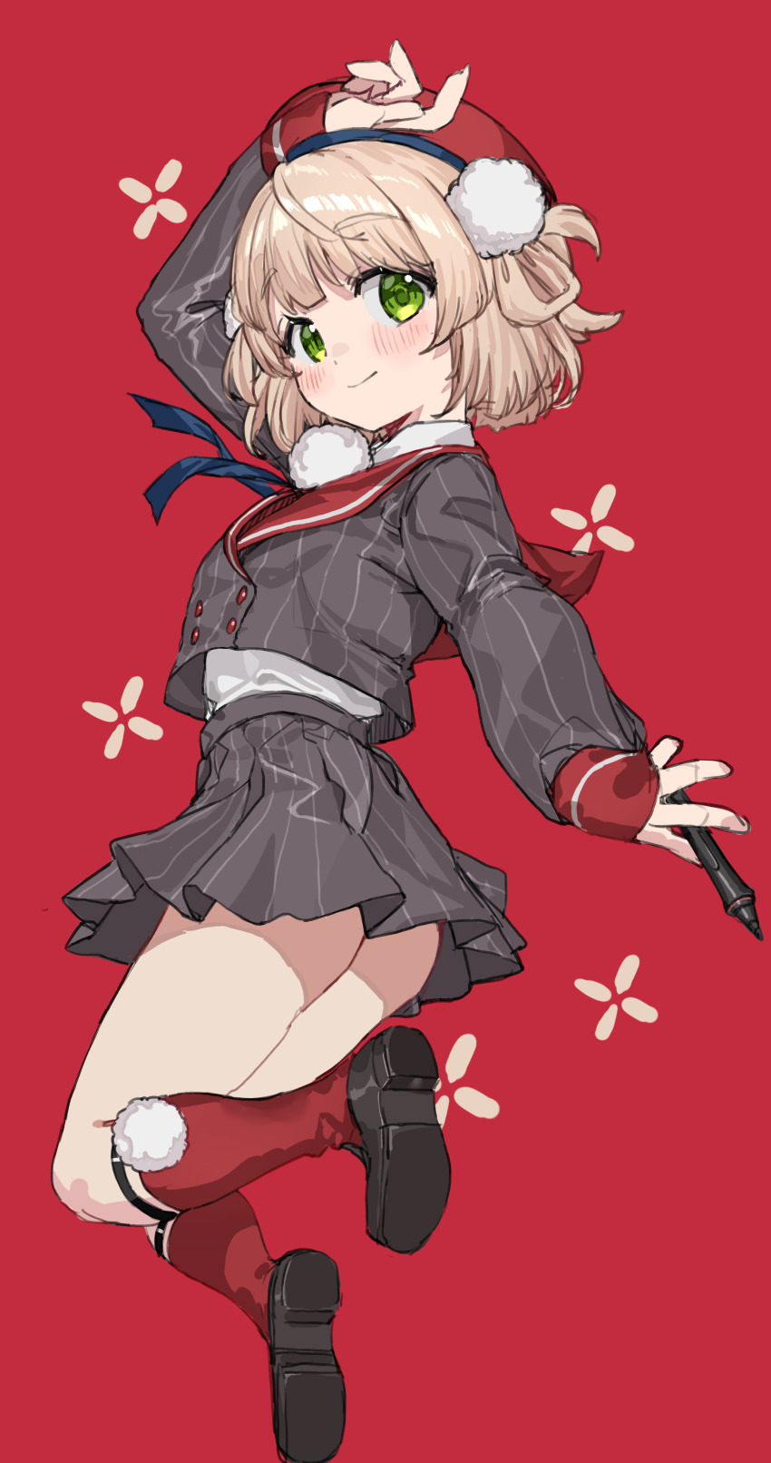 1girl absurdres arm_up beret black_shoes blonde_hair blush closed_mouth collared_shirt dress_shirt full_body green_eyes grey_jacket grey_skirt hair_ornament hair_rings hat highres holding holding_stylus indie_virtual_youtuber jacket kneehighs long_sleeves looking_at_viewer miniskirt pinstripe_jacket pinstripe_pattern pinstripe_skirt pleated_skirt pom_pom_(clothes) pom_pom_hair_ornament ranf red_background red_hat red_socks school_uniform shigure_ui_(vtuber) shigure_ui_(vtuber)_(1st_costume) shirt shoes short_hair side_up_ring simple_background skirt smile socks solo stylus virtual_youtuber white_shirt