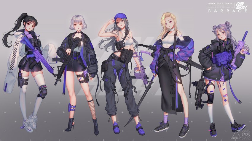 5girls absurdres arm_up assault_rifle bag belt black_footwear black_hair black_skirt blonde_hair blue_footwear bob_cut boots breasts brown_eyes carbine caution_tape choker coat collarbone combat_knife cuffs double_bun extended_magazine eyebrows_visible_through_hat eyelashes eyes_visible_through_hair fingerless_gloves fingernails full_body glock gloves grey_background grey_eyes grey_hair grey_pants gun h&amp;k_g36c h&amp;k_hk416 hair_bun hair_ribbon hand_on_own_hip handgun hat high-capacity_magazine high_collar high_heels highres holding holding_weapon holster holstered hood hood_down knee_pads kneehighs knife kriss_usa kriss_vector lips long_fingernails long_hair long_skirt long_sleeves looking_at_viewer love_cacao m4_carbine machine_pistol magpul medium_breasts miniskirt multiple_girls muzzle_device nike_(company) open_mouth original pants patch pistol pocket ponytail purple_eyes ribbon rifle scope sheath sheathed shoelaces shoes short_hair simple_background single_hair_bun skirt sleeveless sneakers socks stamp standing strap strapless submachine_gun suppressor sword thigh_holster thigh_strap thighhighs transformational_defense_industries uzi vest weapon yellow_eyes zipper
