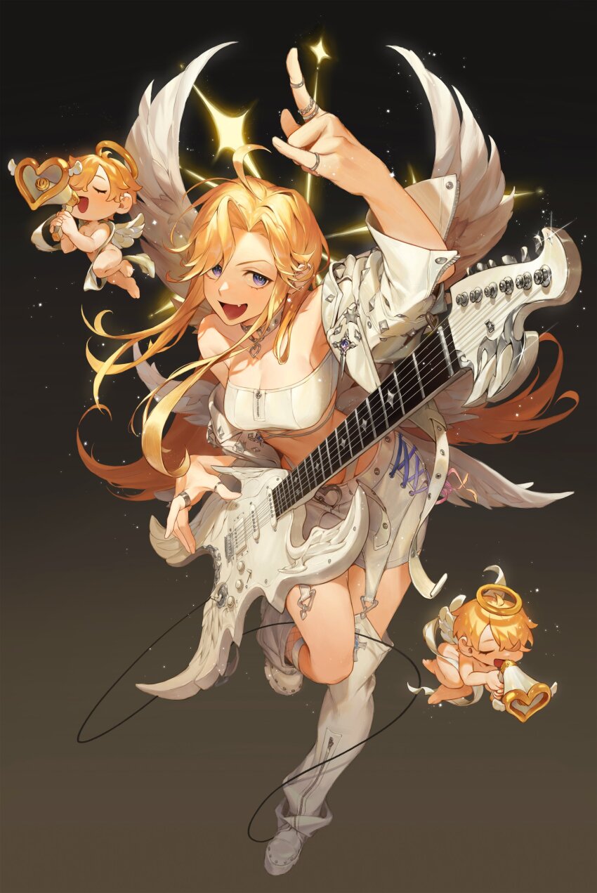 1girl :d absurdres ahoge angel angel_wings arm_up bandeau belt blonde_hair blue_eyes boots breasts buckle cable cherub closed_eyes collar commentary electric_guitar fang feathered_wings floating_hair flying glint gradient_background guitar hair_over_one_eye halo heart heart-shaped_buckle heart_o-ring highres holding holding_megaphone instrument jacket jewelry knee_boots large_breasts long_hair looking_at_viewer m/ megaphone multiple_rings multiple_wings nosedog o-ring o-ring_collar off_shoulder one_eye_covered open_clothes open_jacket open_mouth original ring shawl short_hair skirt smile standing standing_on_one_leg studded_jacket symbol-only_commentary tongue traditional_halo very_long_hair white_bandeau white_belt white_collar white_footwear white_jacket white_skirt white_wings wings yellow_halo