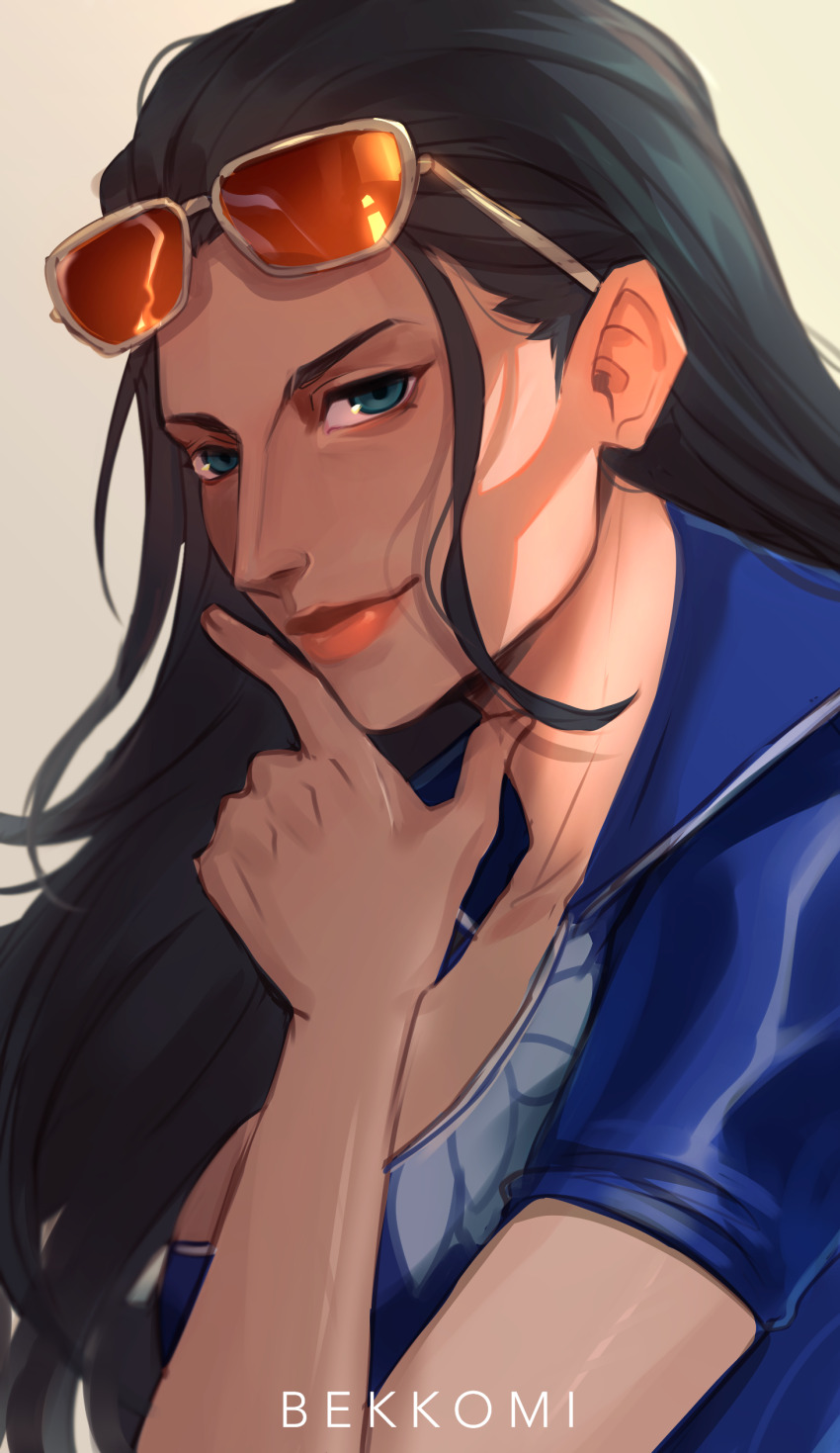 1girl absurdres artist_name bekkomi black_hair blue_eyes closed_mouth commentary english_commentary eyewear_on_head highres jacket long_hair looking_at_viewer nico_robin nico_robin_(return_to_sabaody) one_piece orange-tinted_eyewear short-sleeved_jacket short_sleeves smile solo sunglasses tinted_eyewear