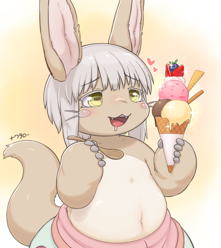 1other animal_ears blueberry blush body_fur brown_fur brown_tail drooling eating fangs food fruit furry gomuhimo_(nawataro) grey_hair highres holding holding_food holding_spoon horizontal_pupils ice_cream ice_cream_cone made_in_abyss nanachi_(made_in_abyss) navel open_mouth plump simple_background solo spoon strawberry tail tareme thick_arms upper_body waffle_cone whiskers yellow_background