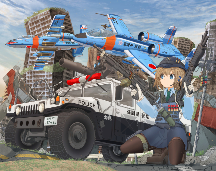 12-gauge 12-gauge_(2_3/4_inch_shell) 1girl 3others a-10_thunderbolt_ii agm-65_maverick aiguillette aim-9_sidewinder air-to-air_missile air-to-surface_missile aircraft airplane ammunition armed_girls_x_mecha attack_aircraft autocannon black_footwear black_pantyhose blue_eyes blue_headwear blue_shirt blue_skirt blue_sky body_armor bomb boots brown_hair building bullet cannon car close_air_support closed_mouth commentary_request day destruction dress_shirt dual-mode_shotgun dual_wielding explosive female_service_cap fighter_jet franchi gatling_gun gau-8_avenger gloves green_neckwear gun gunship hat headset helmet highres holding holding_gun holding_weapon humvee japan_national_police knife long_sleeves looking_at_another machine_gun mikeran_(mikelan) military military_vehicle miniskirt missile motor_vehicle multiple-barrel_gun multiple_others nose_art on_one_knee original outdoors pantyhose partial_commentary pencil_skirt pilot pilot_helmet police police_car police_hat police_uniform precision-guided_munition pump-action_shotgun pump_action rising_sun_flag road rocket_launcher rotary_cannon roundel ruins scope semi-automatic_shotgun shark_nose_art shirt short_hair shotgun shotgun_shell skirt sky smile spas-12 sunburst tactical_clothes thigh_strap thighhighs trigger_discipline utility_pole vehicle_focus weapon weapon_request white_gloves wing_collar