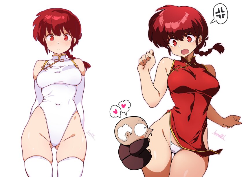 1boy 1girl alternate_eye_color anger_vein balding batta_16-sei blue_eyes braid braided_ponytail breasts china_dress chinese_clothes commentary_request cowboy_shot curvy disgust dress embarrassed expressionless facial_hair happosai heart hetero highleg highleg_panties highres hugging_another&#039;s_leg leotard multiple_views mustache old old_man open_mouth panties pelvic_curtain pervert ranma-chan ranma_1/2 red_dress red_hair revealing_clothes shiny_skin signature single_braid sleeveless sleeveless_dress spoken_anger_vein spoken_heart thigh_gap thong underwear white_hair white_leotard white_panties wide_hips