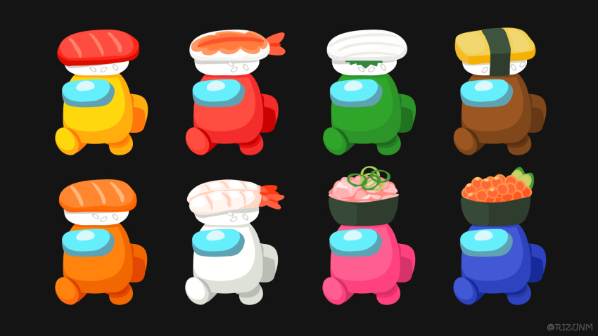 6+others among_us black_background blue_(among_us) brown_(among_us) commentary crewmate_(among_us) egg fish fish_(food) food food_on_head full_body green_(among_us) gunkanmaki helmet highres multiple_others nigirizushi object_on_head orange_(among_us) pink_(among_us) red_(among_us) rizu_(rizunm) roe simple_background space_helmet spacesuit sushi walking white_(among_us) yellow_(among_us)