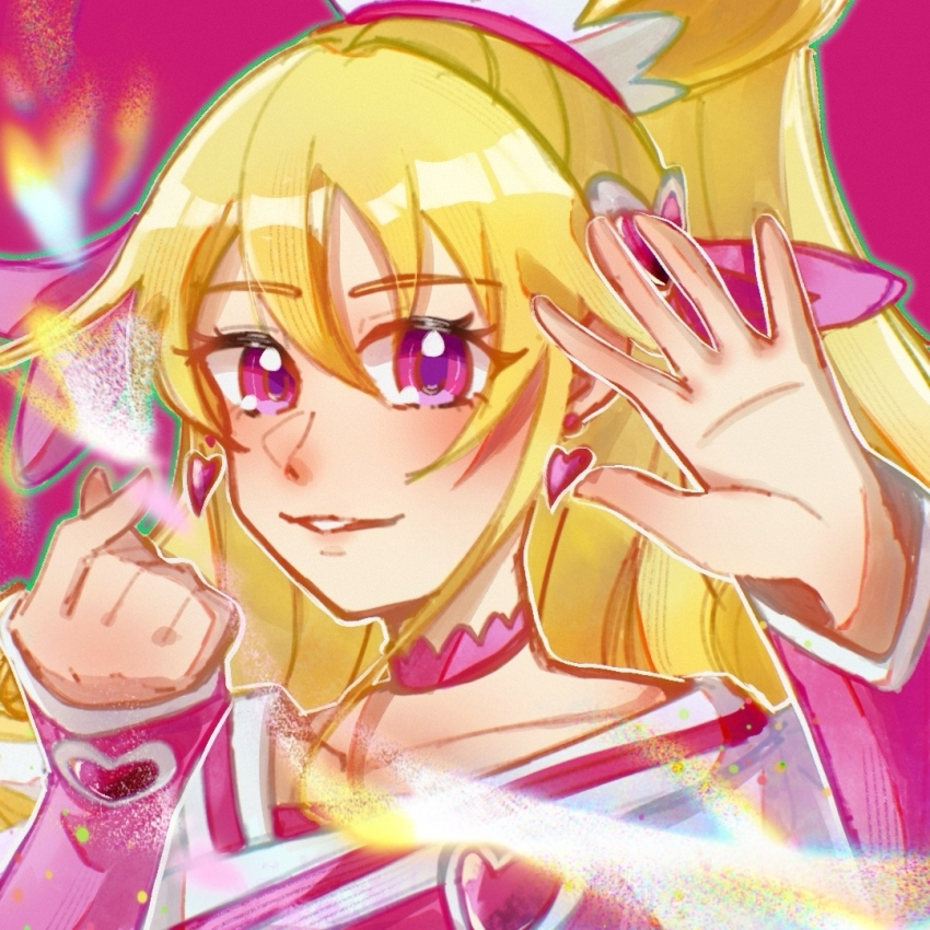 1girl aida_mana blonde_hair brooch chinese_commentary choker clenched_hand collarbone commentary commentary_request cure_heart curly_hair dokidoki!_precure dress earrings english_commentary eyelashes green_outline hair_between_eyes hand_up happy heart heart_brooch heart_earrings high_ponytail jewelry light_blush long_hair looking_at_viewer magic magical_girl mixed-language_commentary outline palms parted_lips pink_arm_warmers pink_background pink_choker pink_dress pink_eyes ponytail precure qianyunsheng simple_background smile solo teeth upper_body very_long_hair white_sleeves