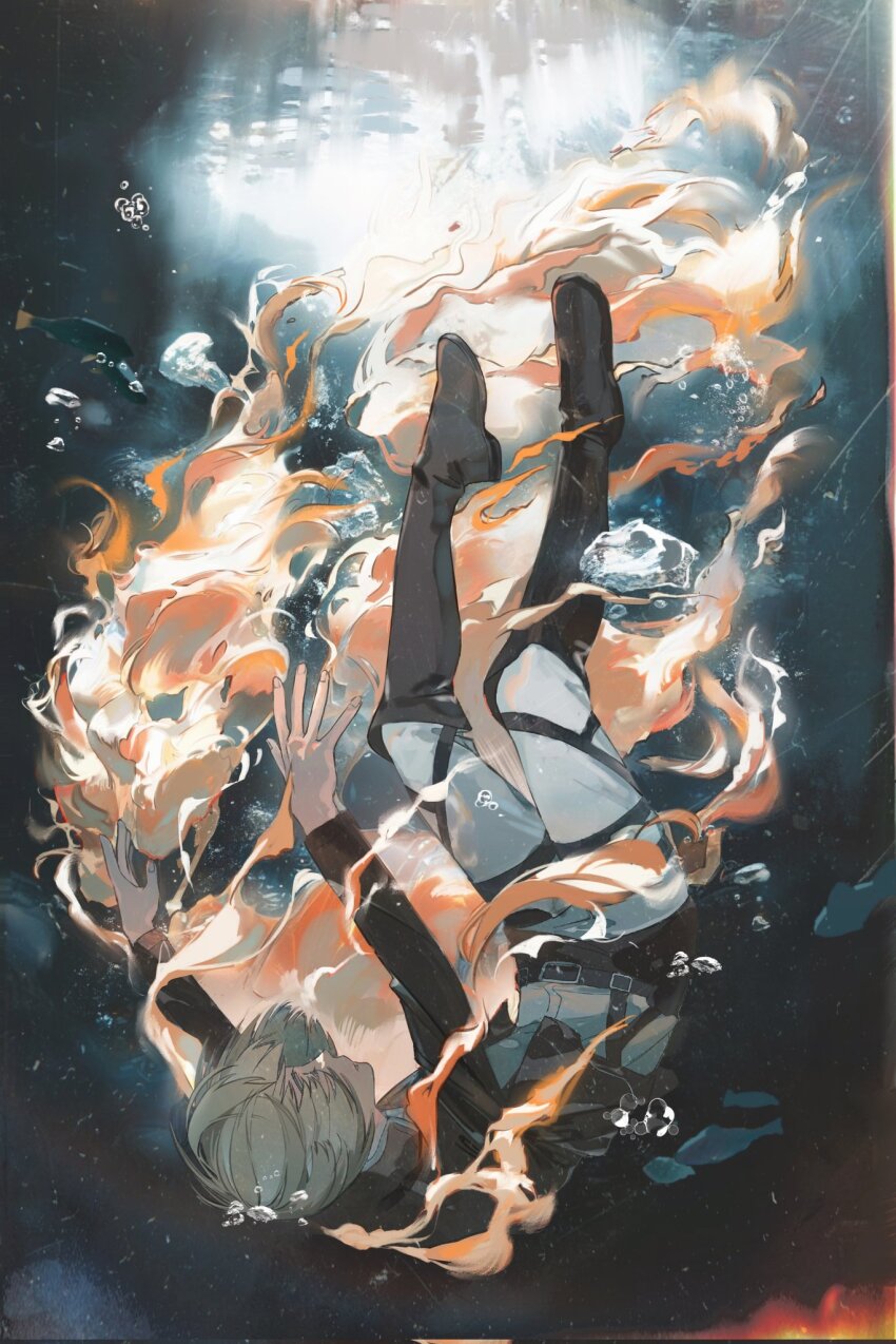 1boy armin_arlert blonde_hair bob_cut boots brown_boots brown_jacket closed_eyes cropped_jacket fire fish full_body highres jacket kiyoshi_st knee_boots long_sleeves male_focus pants parted_lips shingeki_no_kyojin shirt short_hair solo three-dimensional_maneuver_gear underwater white_pants white_shirt