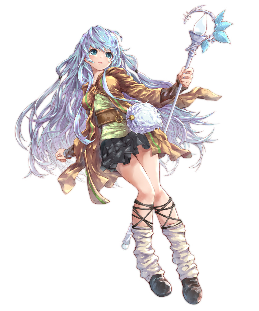 1girl absurdres bad_id bad_pixiv_id black_skirt blue_eyes blue_hair breasts brown_robe duel_monster eria_(yu-gi-oh!) eria_the_water_charmer female_focus green_shirt highres holding holding_staff hood hood_down hooded_robe long_hair long_sleeves nakatomo108 rabbits_foot robe shirt skirt solo staff very_long_hair wide_sleeves yu-gi-oh!