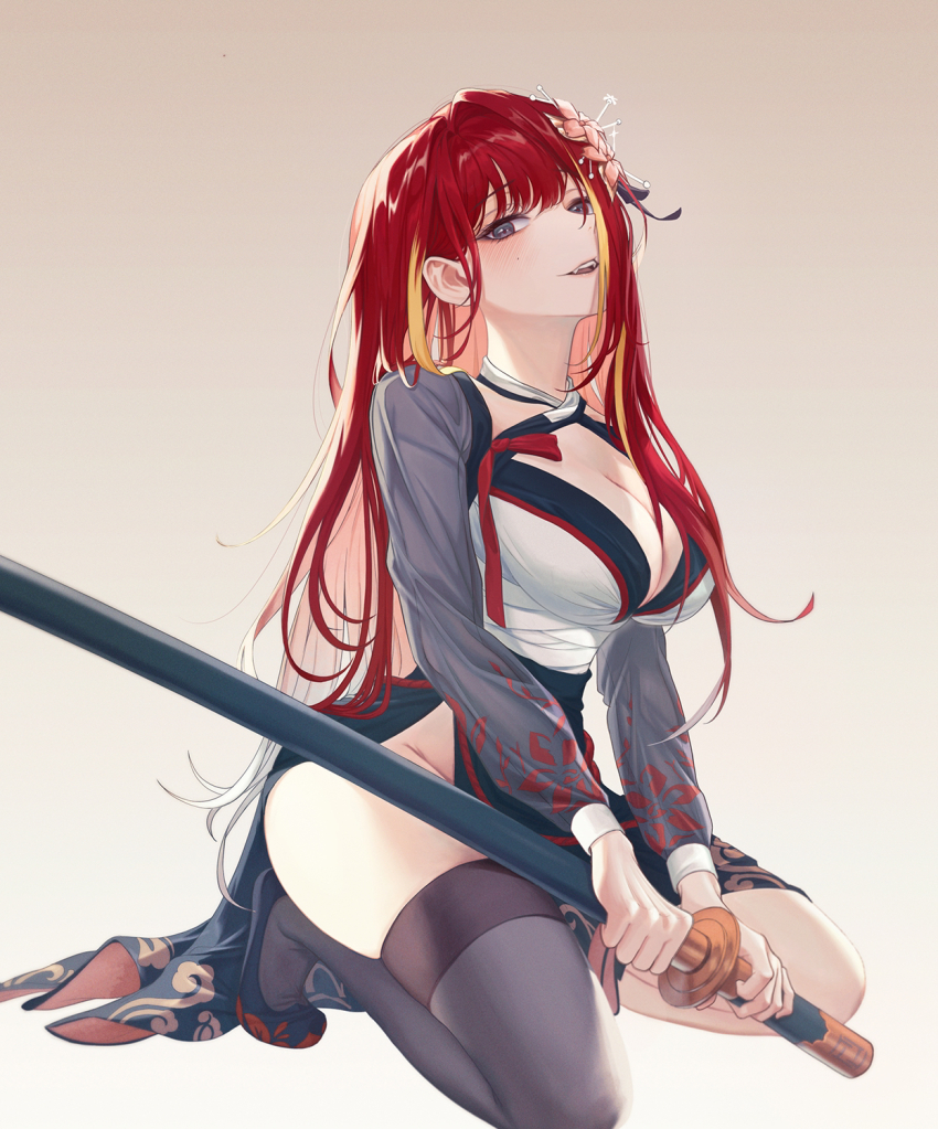 1girl akane_lize black_shoes black_skirt black_thighhighs blonde_hair breasts cleavage criss-cross_halter egentee fangs flower grey_eyes grey_shrug hair_flower hair_ornament halterneck highres holding holding_sword holding_weapon katana kneeling large_breasts long_hair long_sleeves looking_at_viewer mole mole_on_cheek mole_under_eye multicolored_hair no_panties open_mouth parted_lips red_hair shirt shoes shrug_(clothing) side_slit single_thighhigh skirt solo stellive streaked_hair sword thighhighs very_long_hair virtual_youtuber weapon white_shirt