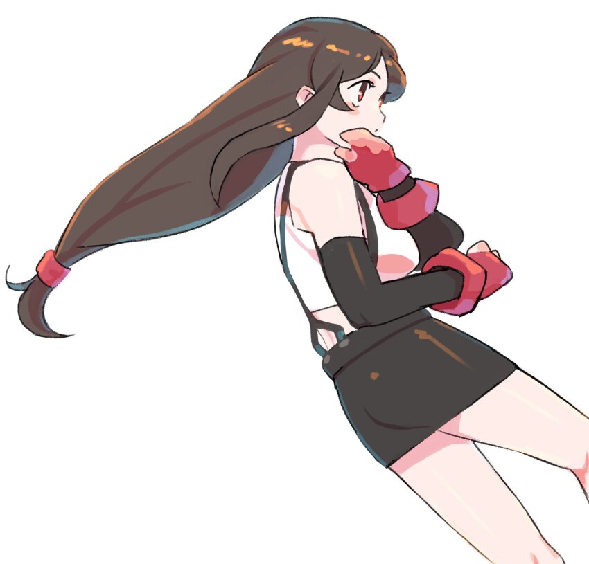 1girl bare_shoulders black_gloves black_skirt breasts brown_hair cowboy_shot crop_top dutch_angle elbow_gloves fighting_stance final_fantasy final_fantasy_vii fingerless_gloves gan2 gloves hair_tie highres long_hair low-tied_long_hair medium_breasts midriff miniskirt parted_bangs red_eyes red_gloves shirt skirt sleeveless sleeveless_shirt solo suspenders tifa_lockhart white_background white_shirt