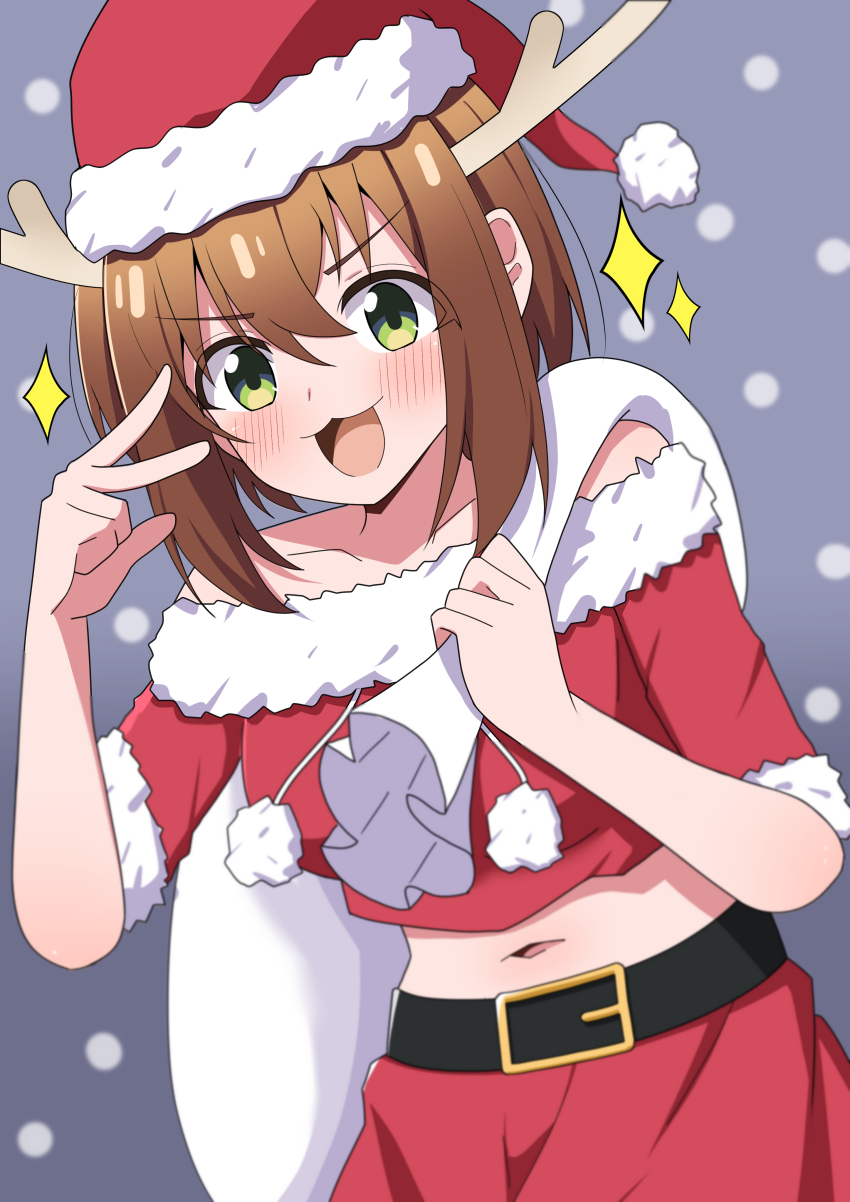 1girl :3 absurdres antlers bare_shoulders belt black_belt blush brown_hair christmas deer_antlers deer_girl dress green_eyes hat highres holding holding_sack horns hosinonana looking_at_viewer navel open_mouth red_dress red_hat sack santa_claus santa_costume santa_dress santa_hat shikanoko_noko shikanoko_nokonoko_koshitantan snow sparkle