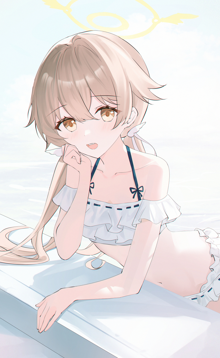 1girl absurdres bare_shoulders bikini blue_archive breasts brown_eyes brown_hair collarbone commentary frilled_bikini frills hair_ornament halo halterneck hand_on_own_cheek hand_on_own_face hifumi_(blue_archive) hifumi_(swimsuit)_(blue_archive) highres long_hair looking_at_viewer navel official_alternate_costume open_mouth small_breasts solo swimsuit teeth twintails upper_teeth_only usagi_(786113654) very_long_hair white_bikini wing_hair_ornament winged_halo yellow_halo