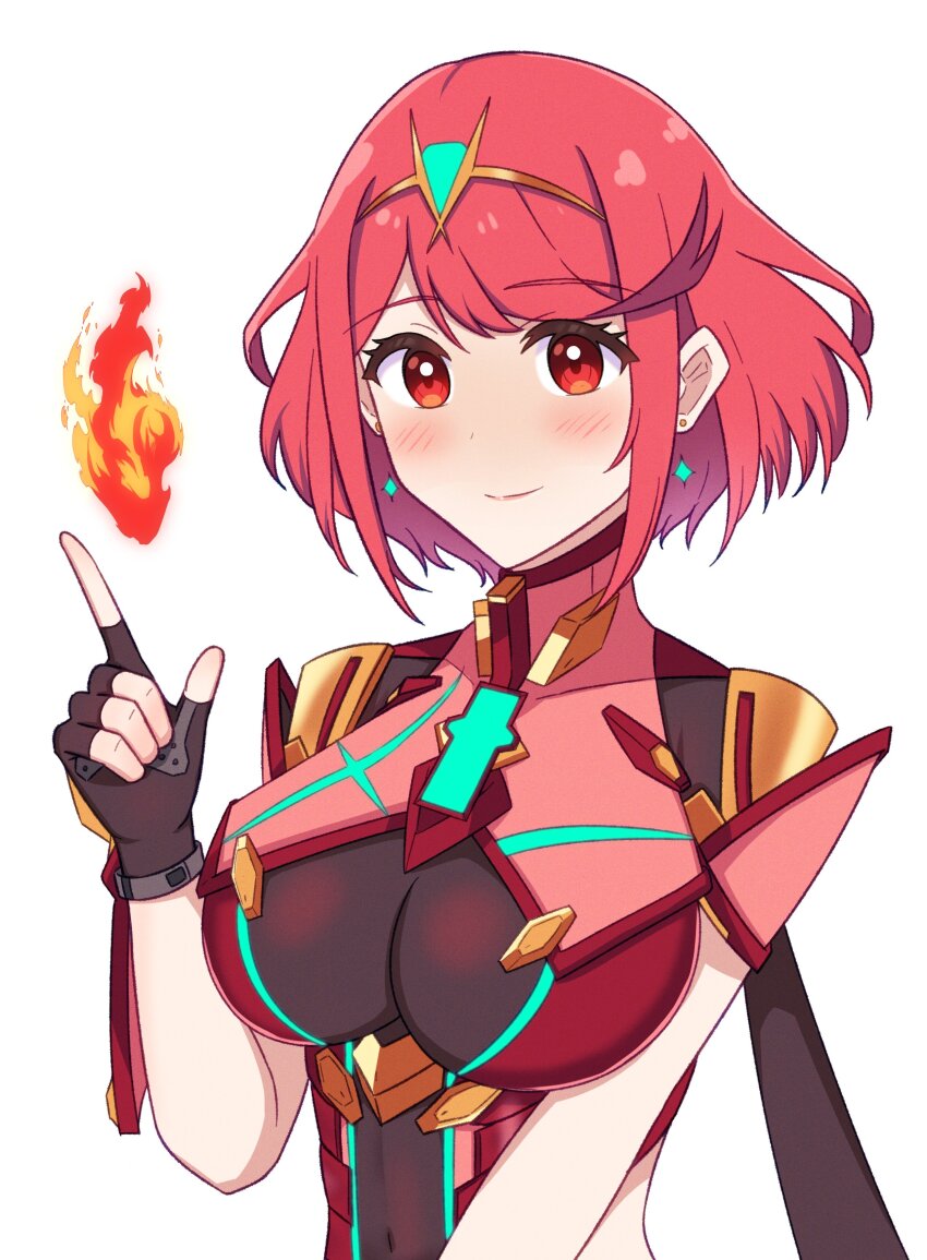 1girl absurdres black_gloves black_leotard breasts closed_mouth commentary_request earrings fingerless_gloves fire floating_earrings gloves hand_up headpiece highres index_finger_raised jewelry large_breasts leotard looking_at_viewer pyra_(xenoblade) pyrokinesis reason3_s red_eyes red_hair simple_background smile solo upper_body white_background xenoblade_chronicles_(series) xenoblade_chronicles_2